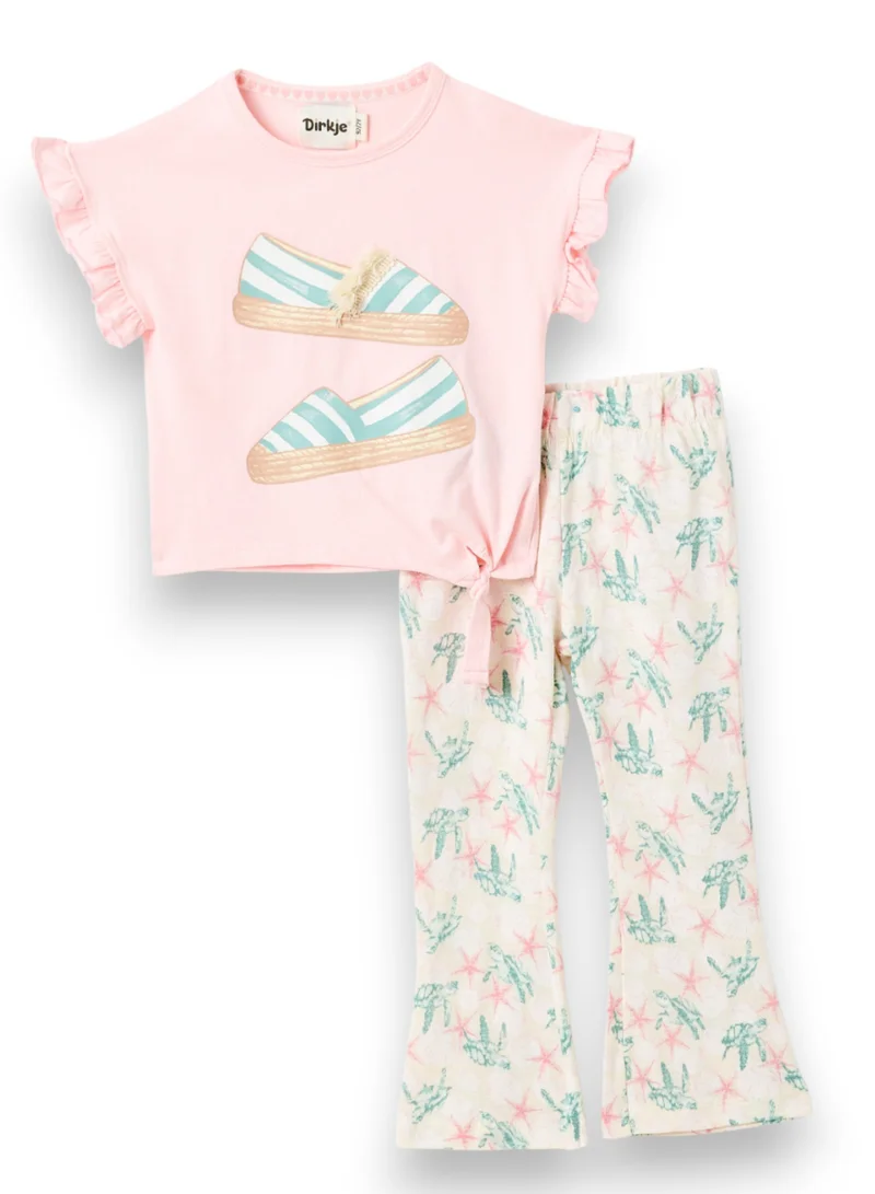 ديركجي طقم بناتي قطعتين: بلوزة بياقة مربوطة وطبعات سلاحف البحر وسروال واسع الأرجل